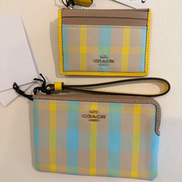 Coach Mini Skinny Id Case w wristlet/wallet /Plaid Print set/ yellow haze/ multi - Picture 1 of 16
